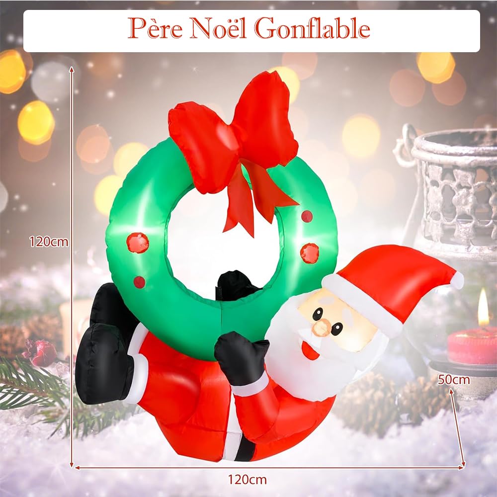SOARS Decoration Noel, Père Noël Gonflable 120 X 50 X 120CM avec 5 lumières | LED Résistant aux Intempéries, Couronne de Noël Porte, Fenêtre, Deco Noel Extérieur Interieur Maison pour Cour, Jardin