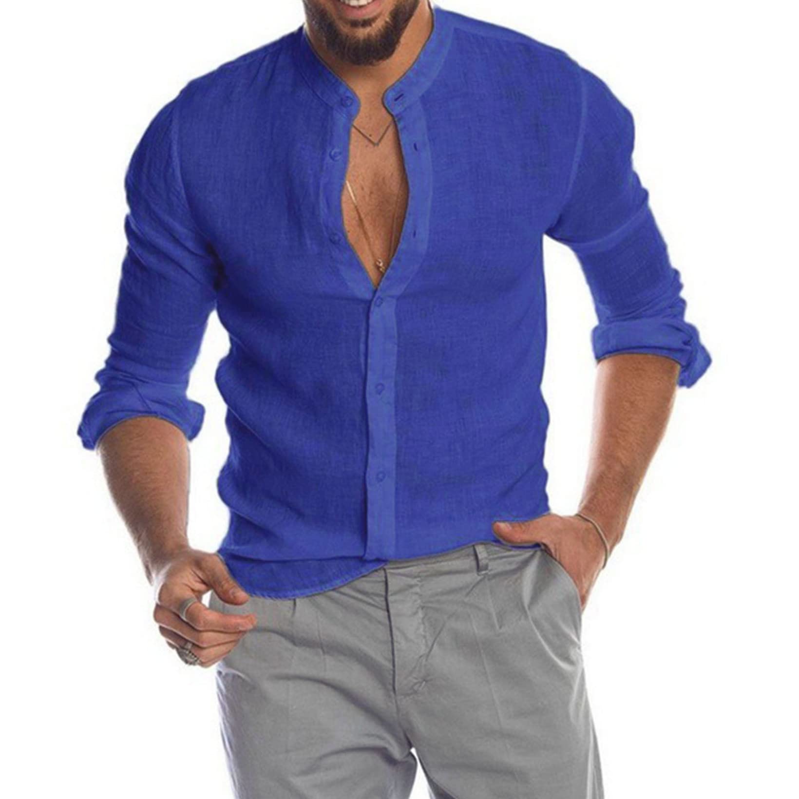 JanJean Mens Casual Long Sleeve Button Down Shirt Lightweight Solid Undershirt Base Layer Top T-Shirt Blue X-Large