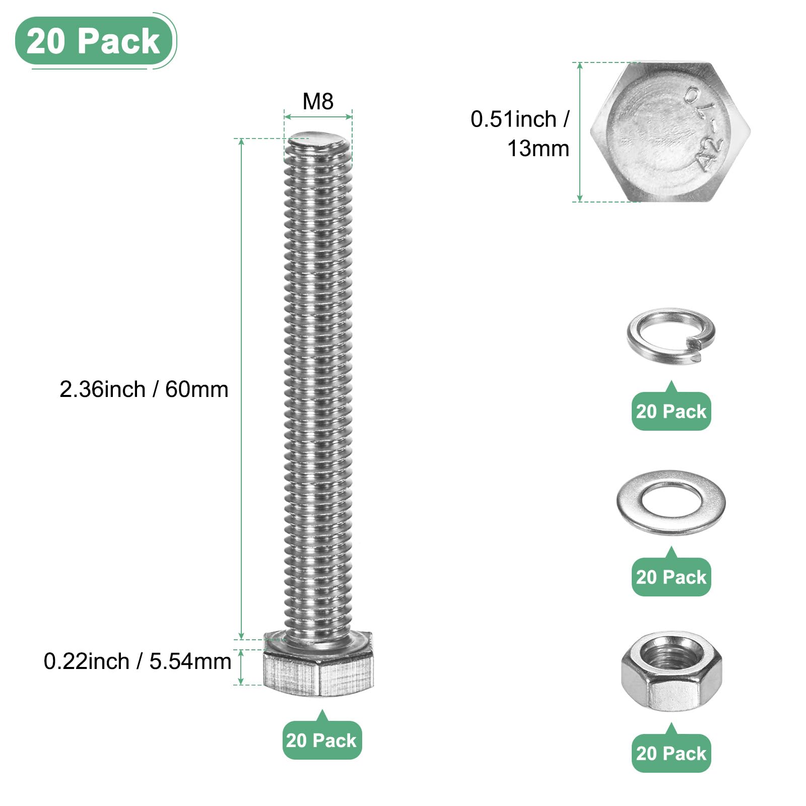 M METERXITY 20-Pack Hex Head Screw Bolt with Nuts Flat & Lock Washers M8x110mm Stainless Steel Bolts and Nuts Kit Fully Threaded Metric Bolt Assortment for Equipment/Machinery - Image 3