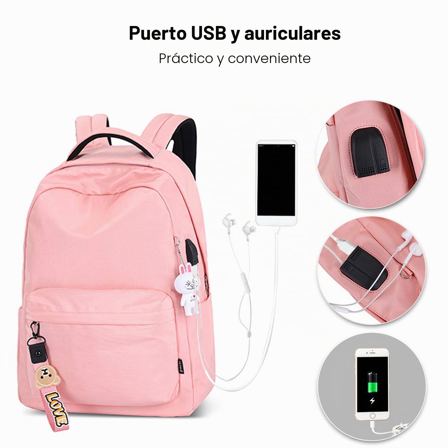 FANDARE Nuevo Mochila Mujer Mochilas Tipo Casual Bolsas Escolares con USB Alumno Niña Bolsa de Viaje Bolsos Adolescente Al Aire Libre Partido Viaje Equipaje Daypack Impermeable Poliéster