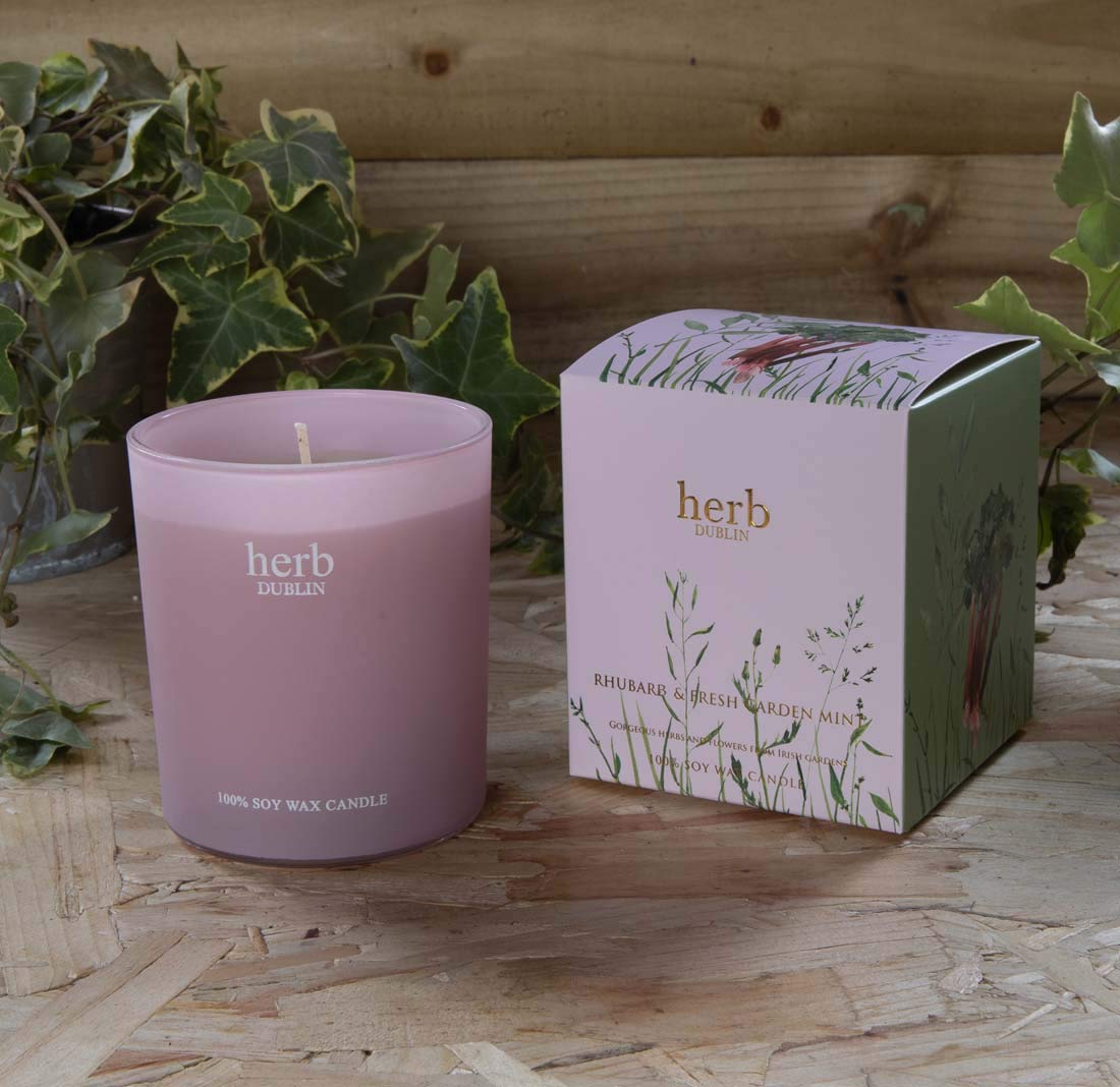 Carrolls Irish Gifts Rhubarb And Fresh Garden Mint 40 Hour Soy Wax Boxed Candle From Herb Dublin, 235g
