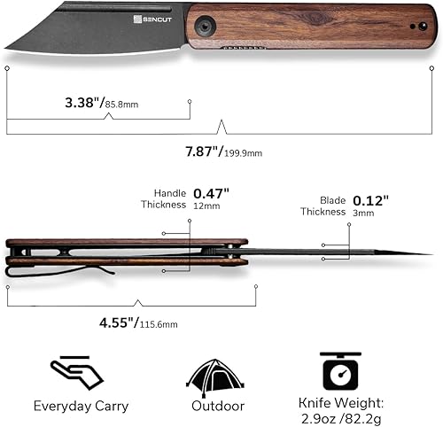 Miniatura 7 de SENCUT Bronte - Cuchillo de bolsillo plegable con abridor frontal de aleta de 338 pulgadas mango de madera Cuibourtia con hoja negra lavada a la