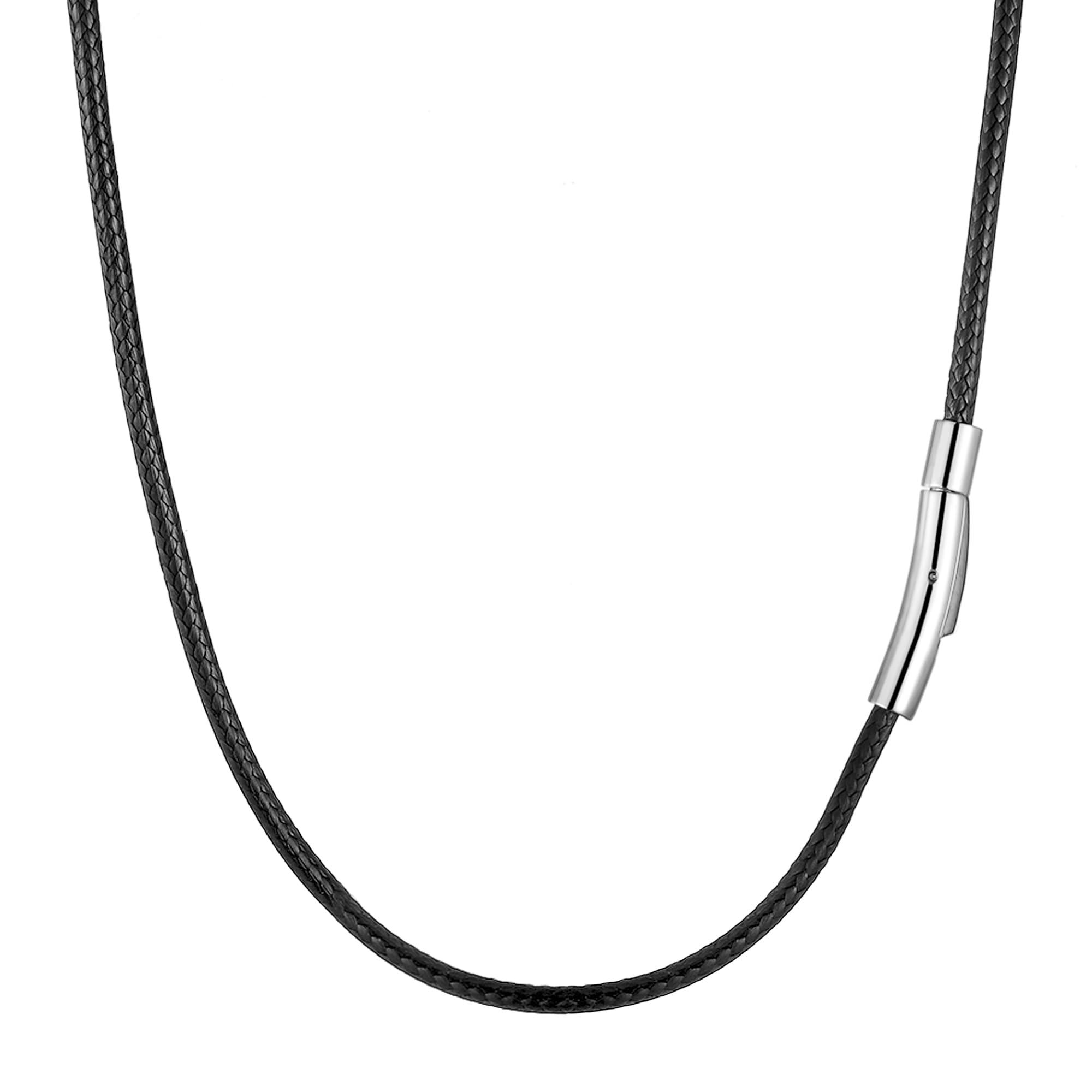 2mm 3mm Leather Cord Necklace with Durable Stainless Steel Snap Clasp, Men Women Woven Wax Black/Brown String Rope Chain for DIY Pendant, Length 16" 18" 20" 22" 24" 26" 28" 30"