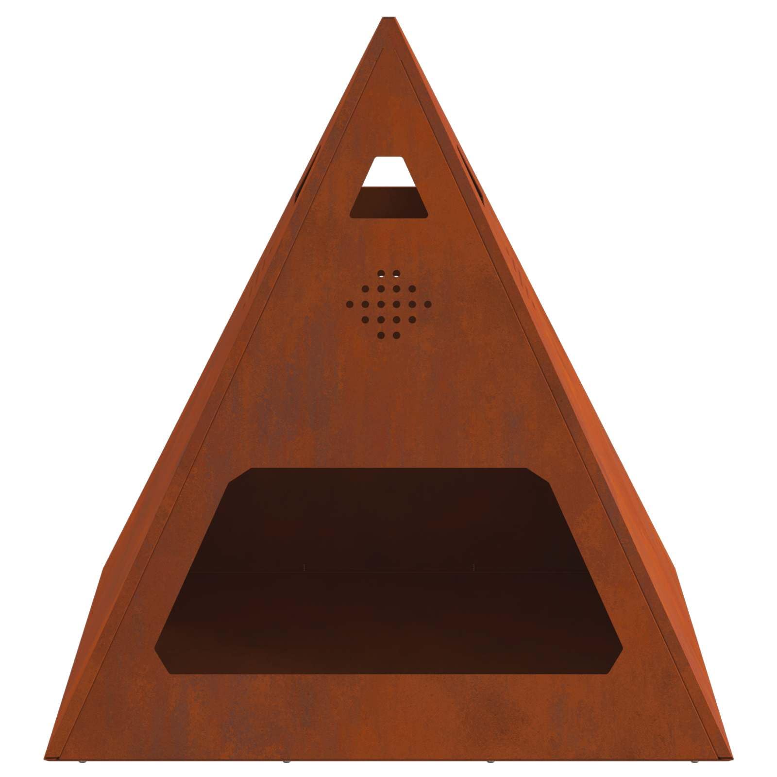 Brasero marrón de acero resistente a la intemperie, 50 x 50 x 51 cm, forma pirámide, cesta de leña para jardín y patio, circulación de aire eficiente, portátil, duradera, acogedora calidez