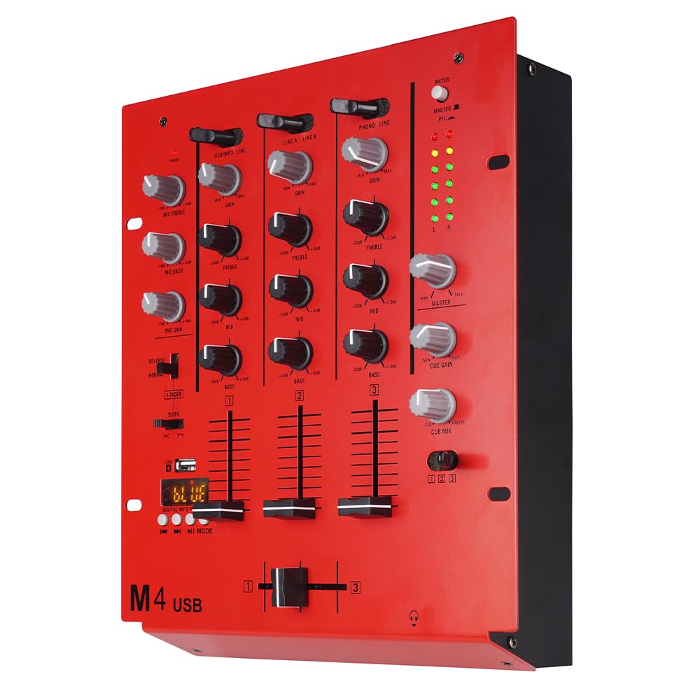 Mezclador de DJ de 4 canales M4 (rojo), mezclador de audio con Bluetooth y USB, crossfader, ecualizador de 3 bandas, control de ganancia y función de monitor de señal, tablero de sonido