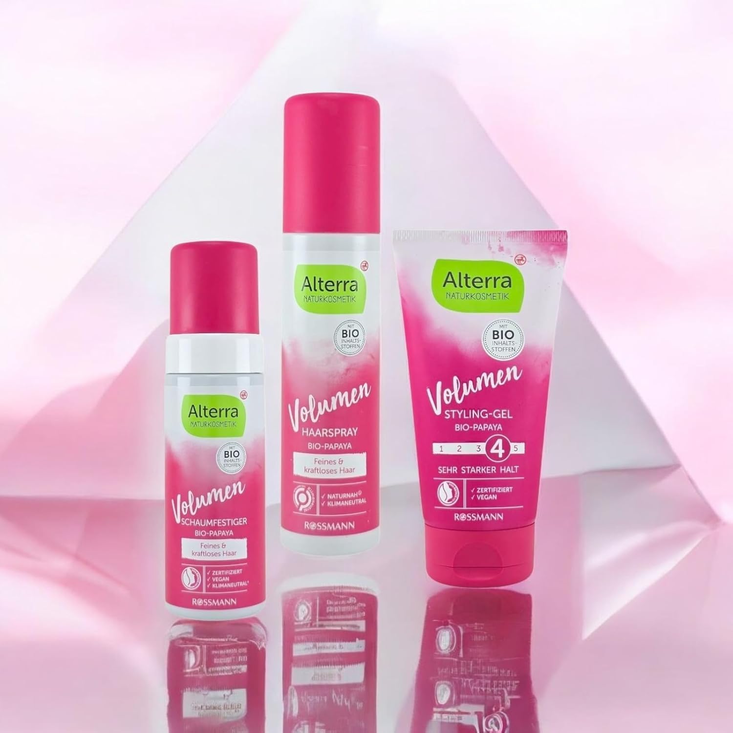 Naturkosmetik Volumen Haarstyling-Set (3-teilig) | mit Bio-Papaya | Schaumfestiger, Haarspray & Styling-Gel für feines Haar | Zertifizierte Naturkosmetik & Vegan(Alterra)