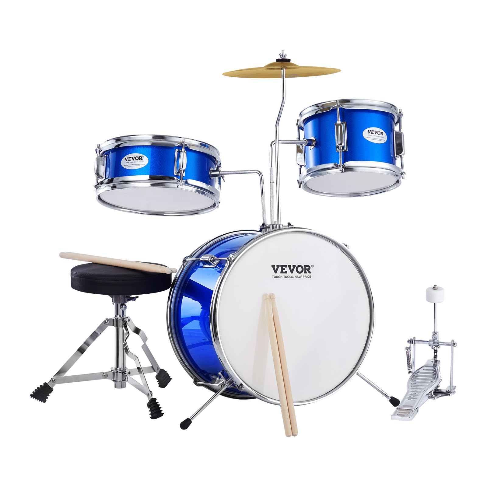 VEVOR Kids Drum Set, 14 in 3-Piece Beginner Junior Drum Set with Adjustable Throne, Two Pairs of Drumsticks, Cymbal, Pedal，Tom Snare Bass, Starter Drum Kit for Children, Blue