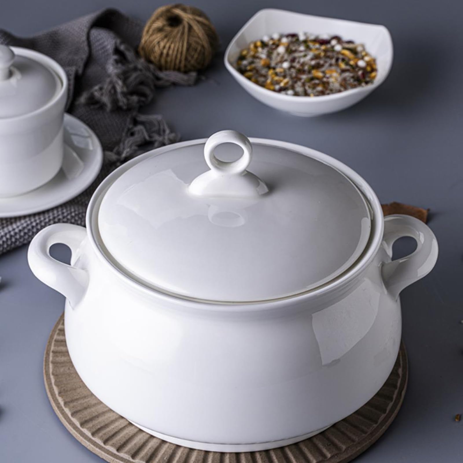 Soupière en céramique blanche, grande capacité,bol de service en porcelaine | Avec couvercle et poignées, idéale pour les fêtes et les repas de famille