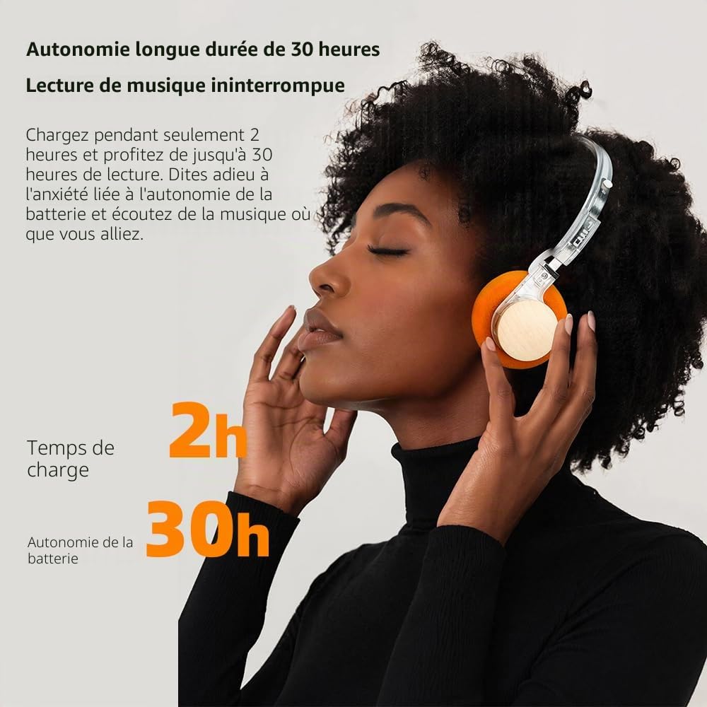 FiiO EH11 Casque Bluetooth rétro supra-auriculaire, sans fil LDAC, léger, 92 g, 30 heures d'autonomie, connexion double appareil, égaliseur d'application et mode jeu, microphone intégré (transparent)