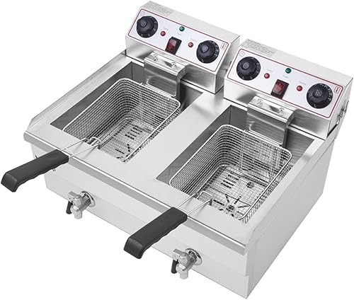 Freidora eléctrica de acero inoxidable de doble cilindro, cuerpo plateado, cesta desmontable, temporizable, temperatura ajustable, trae dos cestas y disponible en Yaxa Venezuela