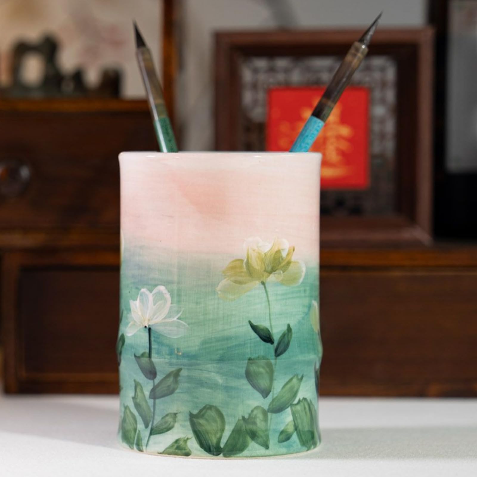 Portapenne in ceramica disegnato a mano, 13,5 cm, ornamento da scrivania e ufficio