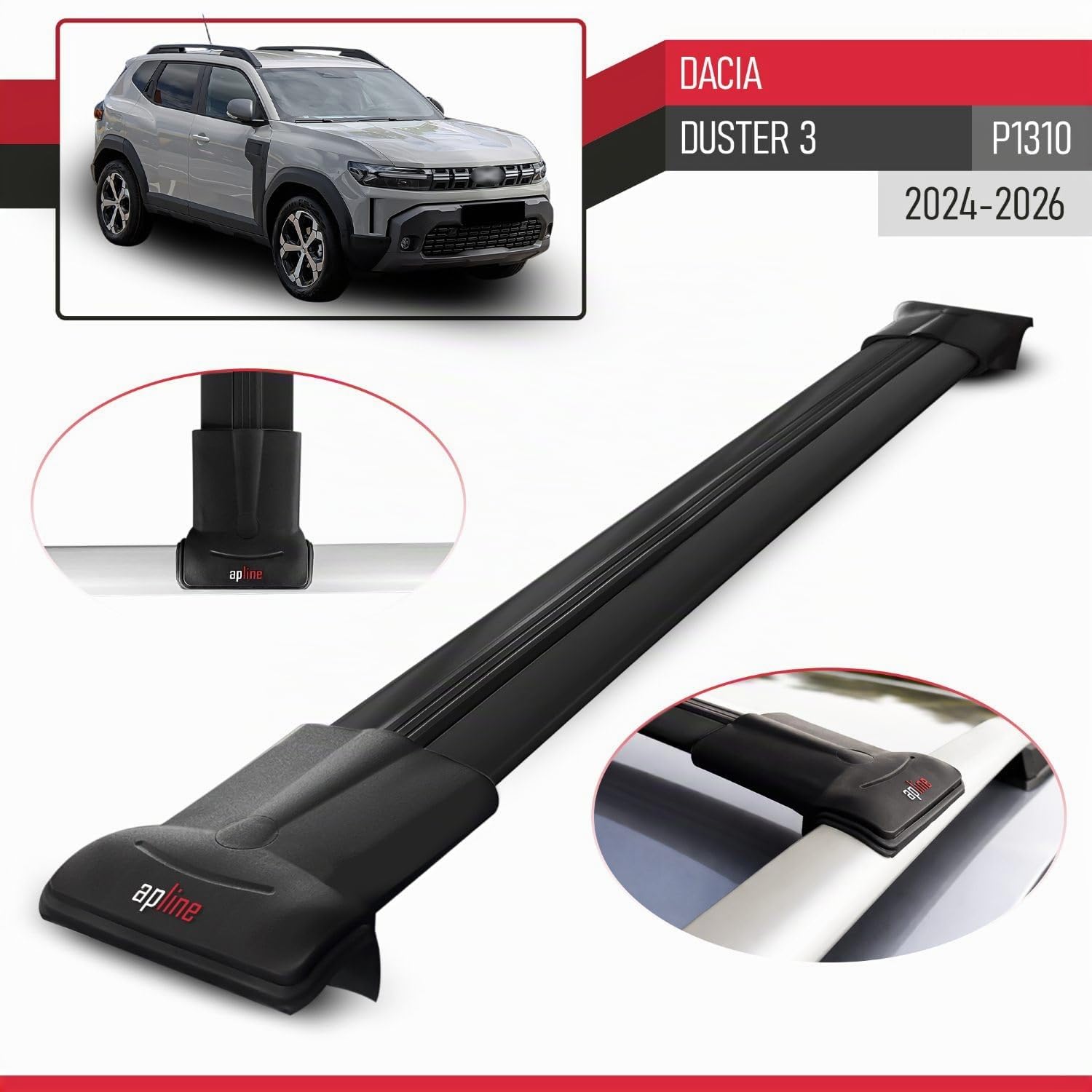 Compatible avec Dacia Duster 3 (P1310) 2024-2026 Fly Model Barres de Toit Railing Porte-Bagages de Voiture Noir Aluminium 2 Barres