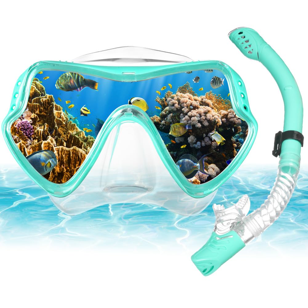 AOOSA Snorkel Set Adults, Anti-Fog Tempered Glass Diving Mask Snorkeling Gear, Leak-Proof Panoramic Wide View Snorkelling Goggle, Dry Top Snorkel Kit for Snorkeling Scuba Diving Swimming Travel
