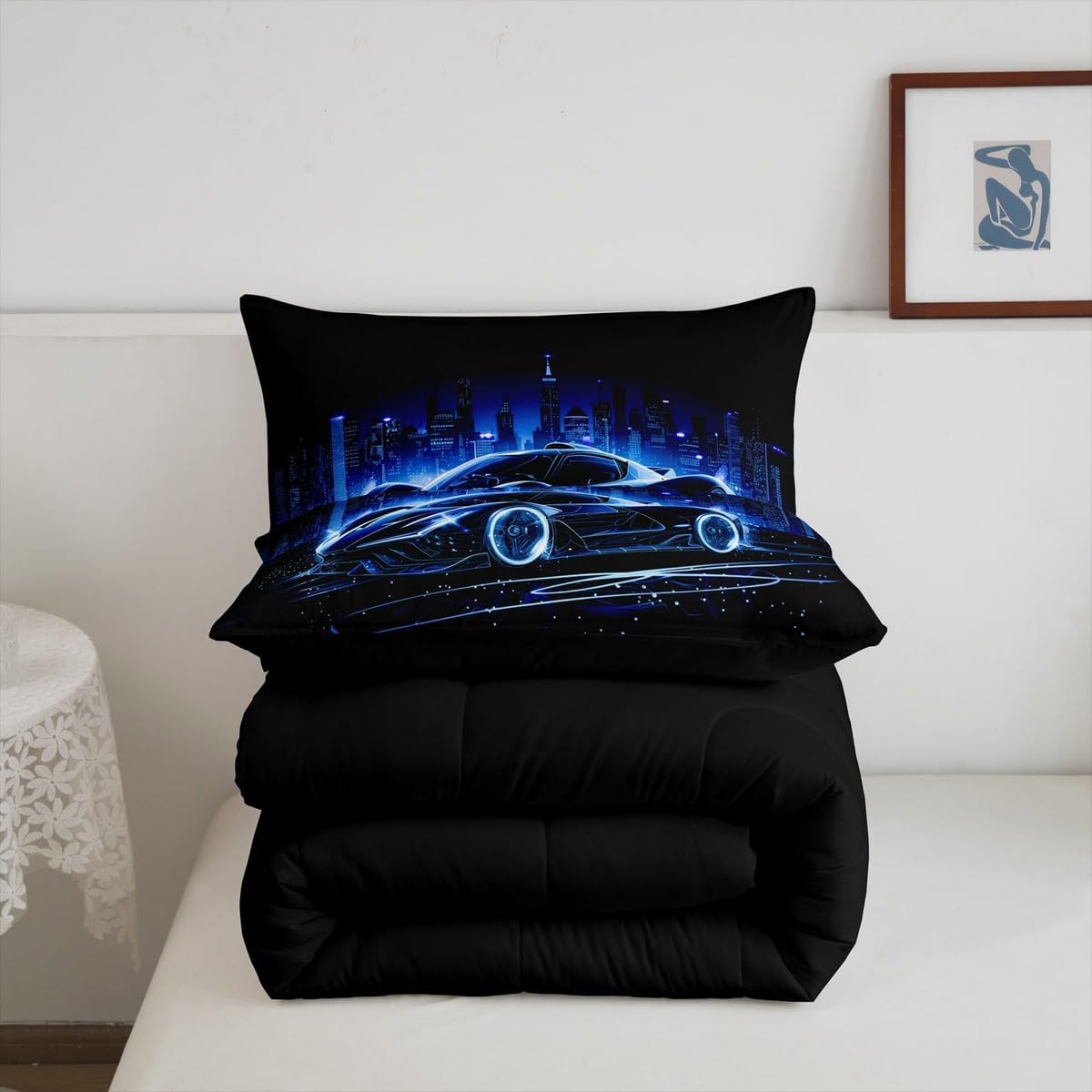 Feelyou Kids Blue Race Car Comforter Twin Size, Speed Sports Car Comforter Set Boys Girls Racing Car Bedding Set Extreme Sports Teens Duvet Set Bedroom Decor 2Pcs