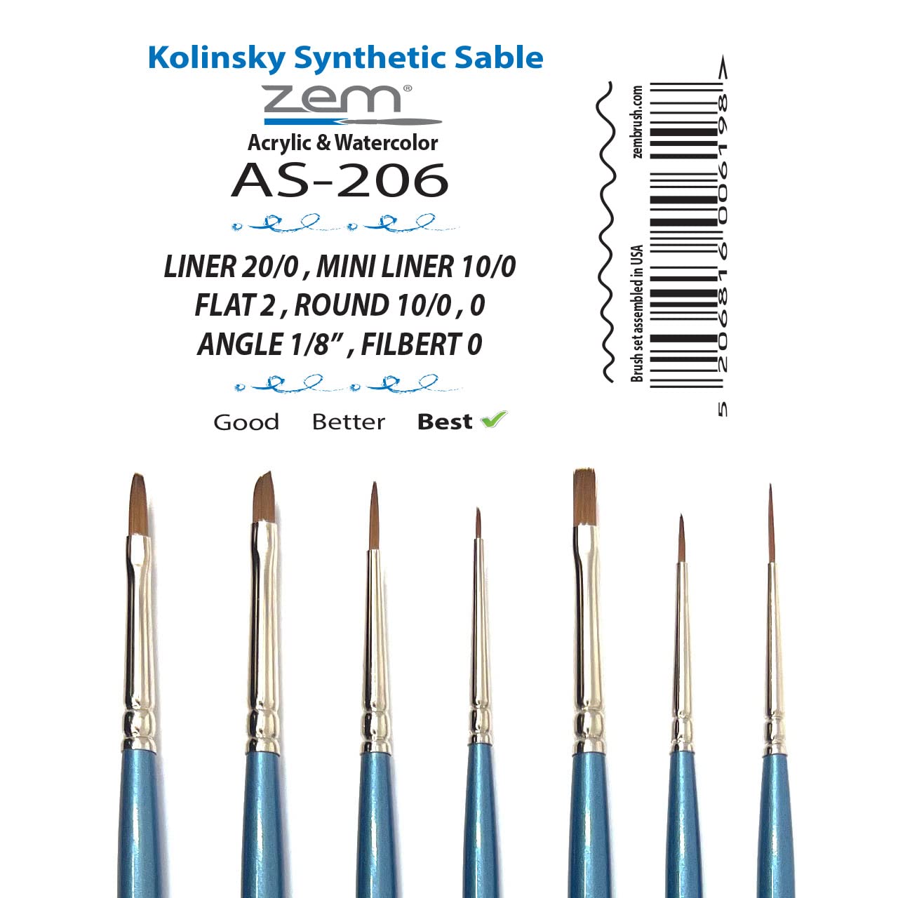 ZEM Pincel Kolinsky Pincel Sintético Acuarela Set 7 piezas | Set de detalles finos