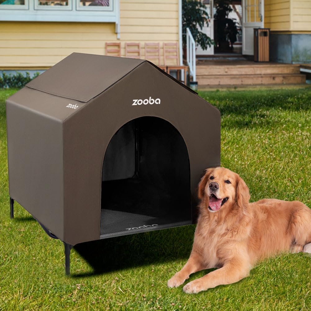 Zooba brown elevated dog house with a fabric shelter over a Textilene cot.