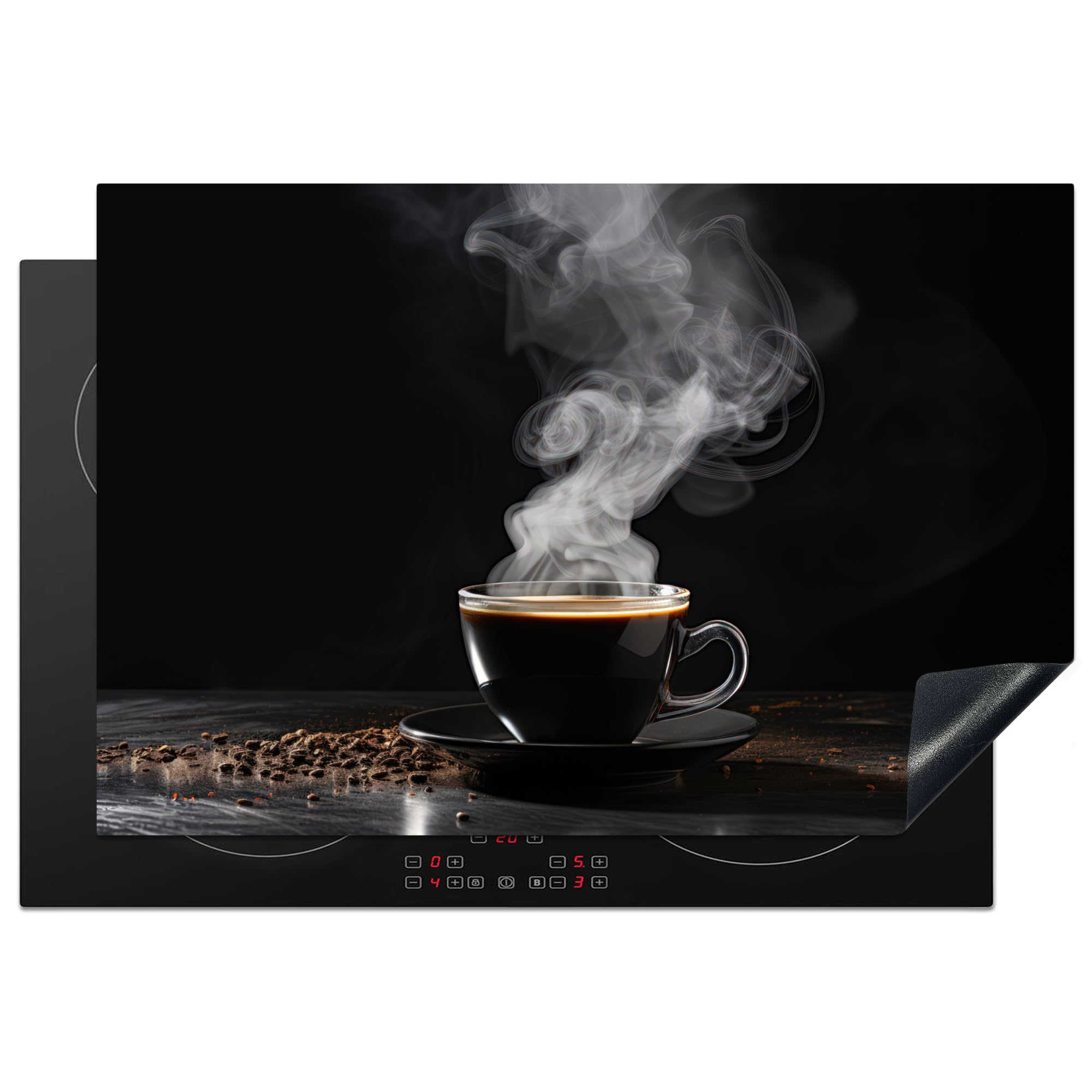 KitchenYeah© Induction Hob Protector Mat 20.1"x30.3" / 77x51 cm Stove Cap Top Cover Kitchen Cooker Covers for Electric Hobs Vinyl Coffee - Black - Beans - Hot - Cup