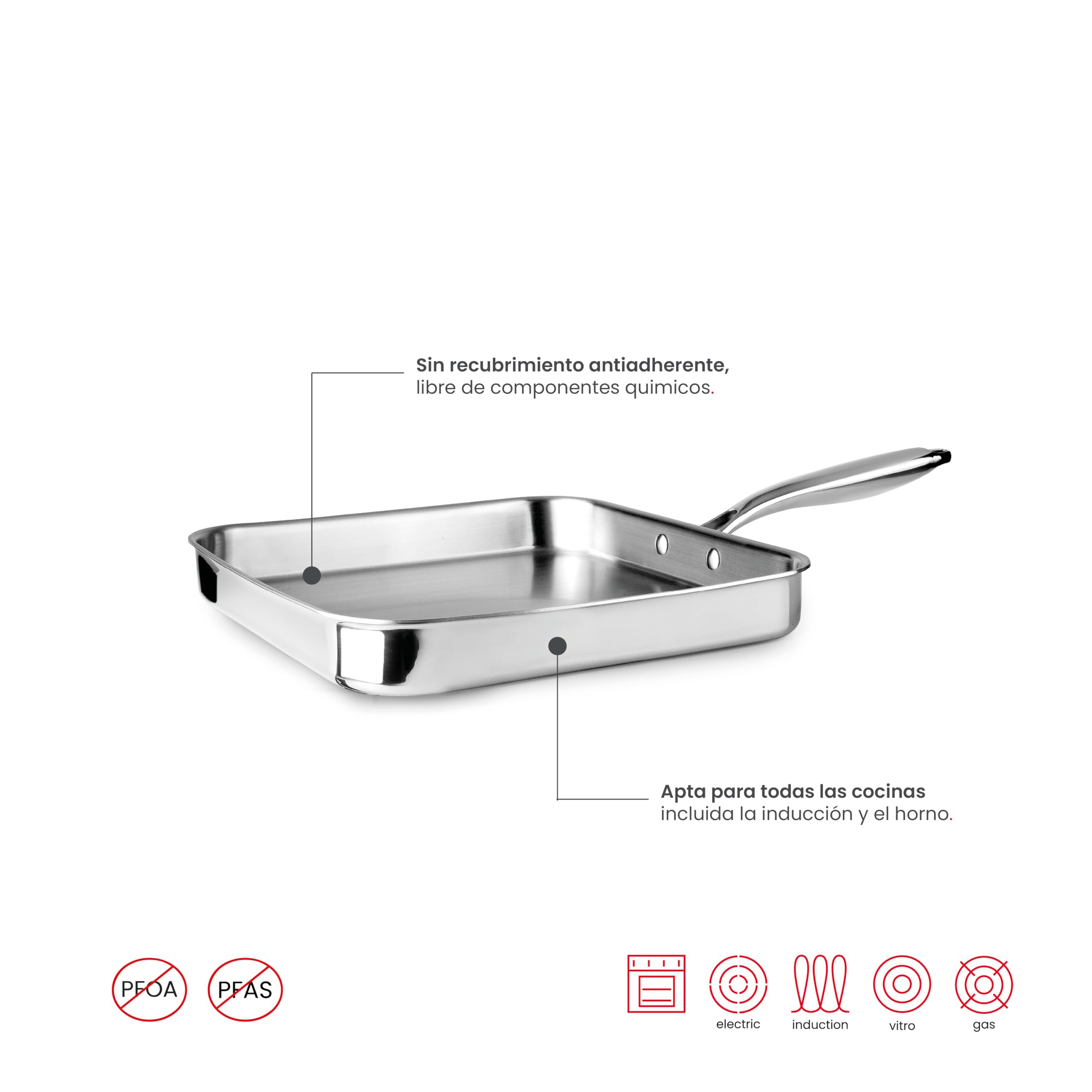 IBILI - Grill Triply Natural 28 Cm, Acero inoxidable, Apto para induccion, sin antiadherente