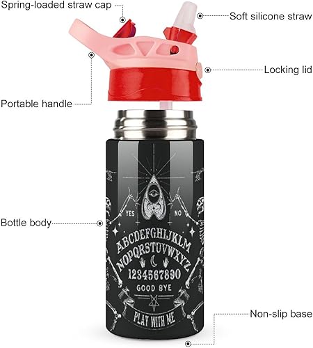 Miniatura 3 de Botella de agua de viaje de acero inoxidable con diseño de bruja mágica de esqueleto gótico negro con pajilla, reutilizable, para hombres y mujeres