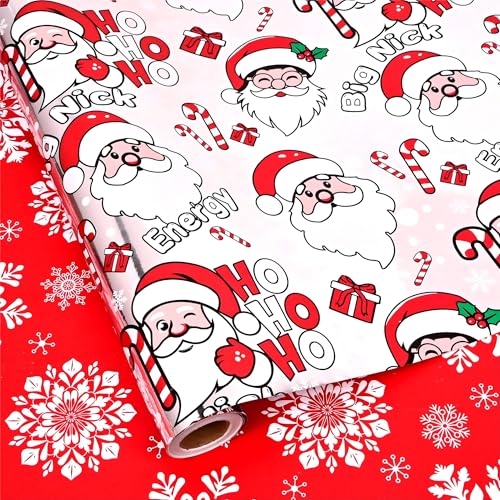 Dlyrroba Reversible Christmas Wrapping Paper Roll - Metallic Foil Gift Wrap with Xmas Design for Holiday Winter (Funny Christmas - Sliver, 17 In X 100 Feet)