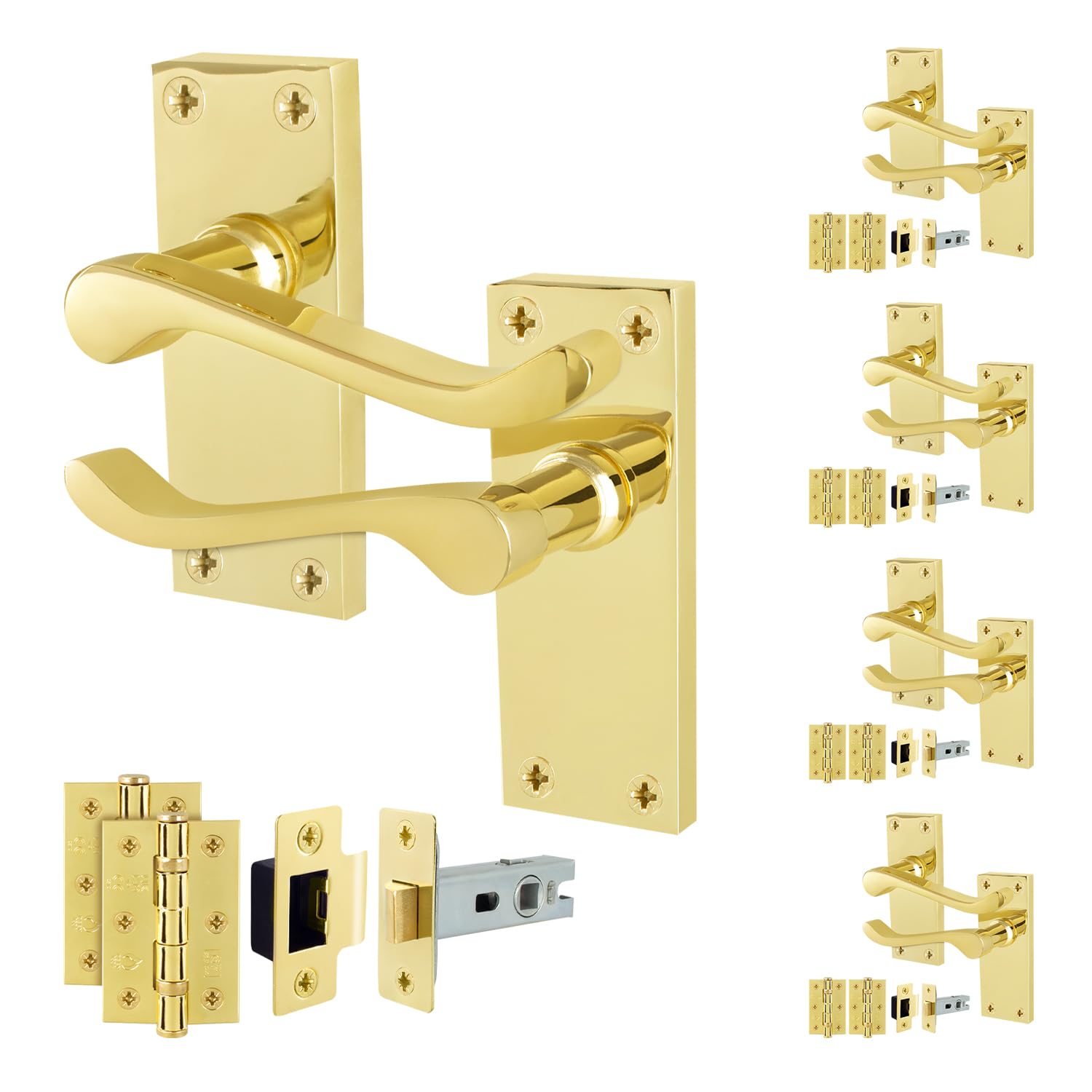 EAI Polished Brass Door Handles with Latch 64mm and Hinges, 5 Pack