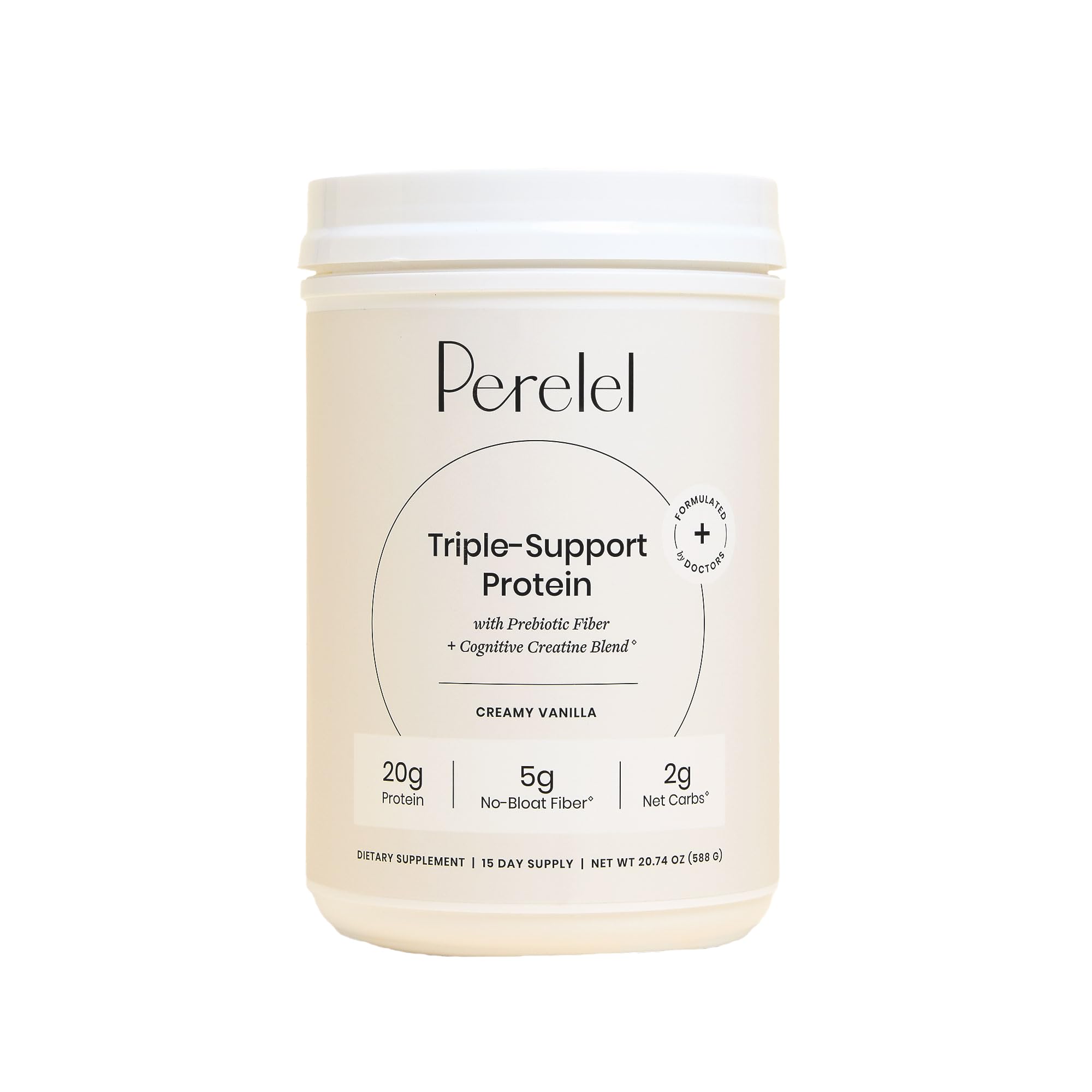 Perelel Triple-Support Plant Based Protein Powder, Creamy Vanilla, 20g Vegan Protein Powder, 3g Creatine Monohydrate, & 5g Prebiotic Fiber per Serving, Dairy Free, No Sugar Added, 15 Day Supply