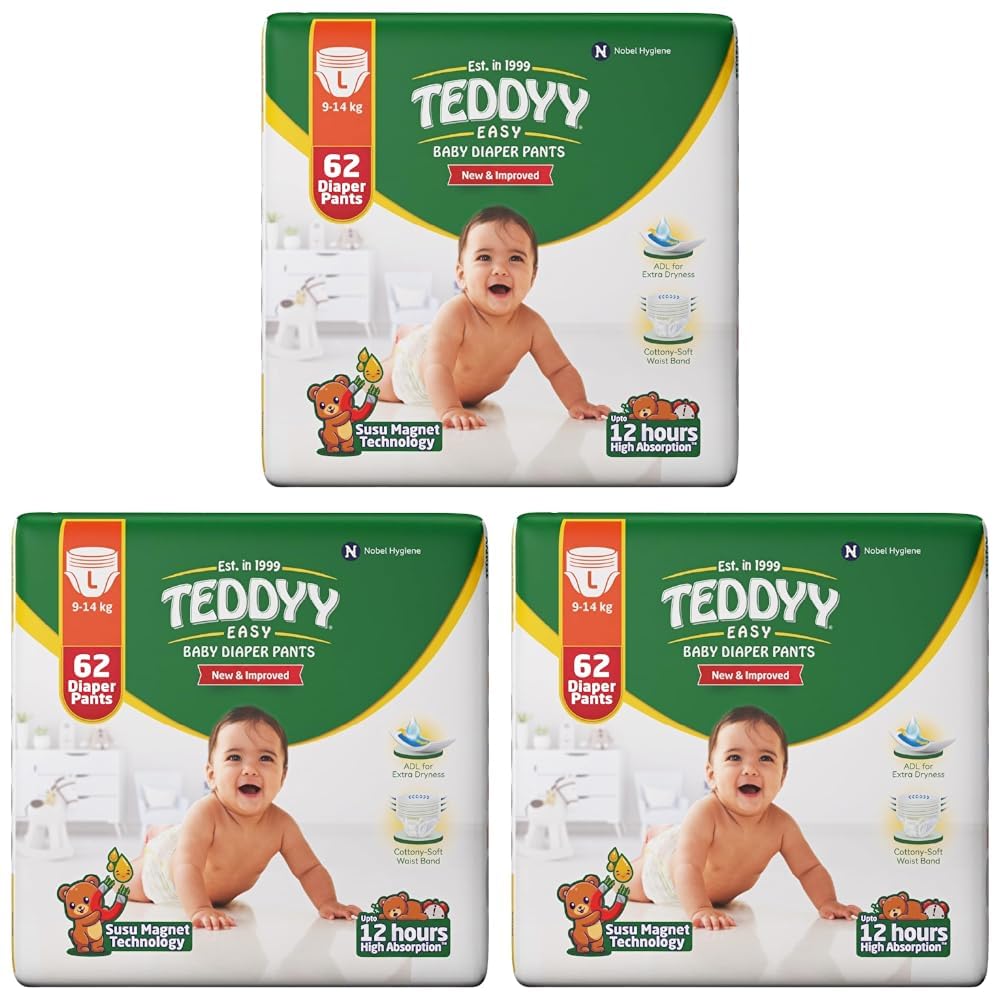 TEDDYY Easy Baby L Size Diaper Pant Style | 62 Count (Large) | 9–14 kg (Pack of 3) | Long Protection Hours | Anti-Bacterial | Airy Breathable Fit | Rapid Soaker Channels & Wetness Indicator-image-31