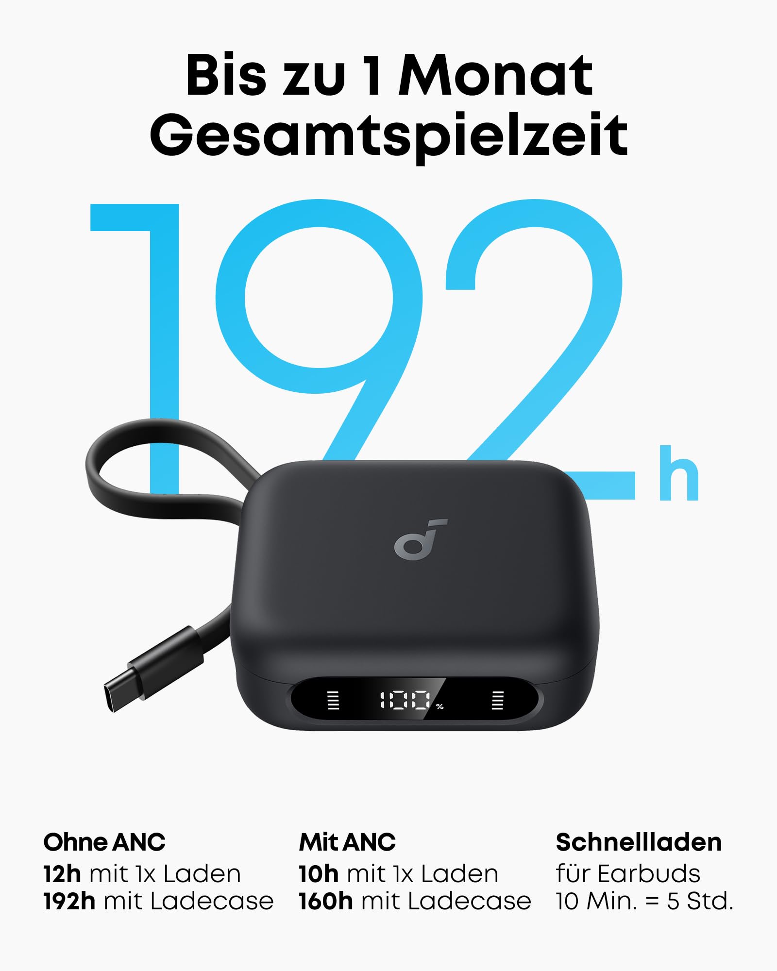soundcore P41i by Anker, Adaptive Noise Cancelling In-Ear Kopfhörer mit Powerbank (integriertes USB-C Kabel) 192h Spielzeit, Immersiver Sound, Klare KI-Anrufe mit 6 Mikros, IPX5, Bluetooth 5.3