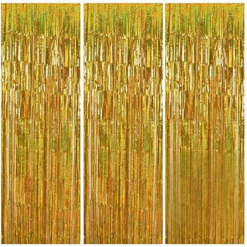 Image of TONIFUL 3Pcs Laser Gold Door Streamers, Metallic Foil Fringe Curtains for Birthday, Christmas, New Year, Bachelorette, Graduation Parties (9.9ft x 6.6ft)