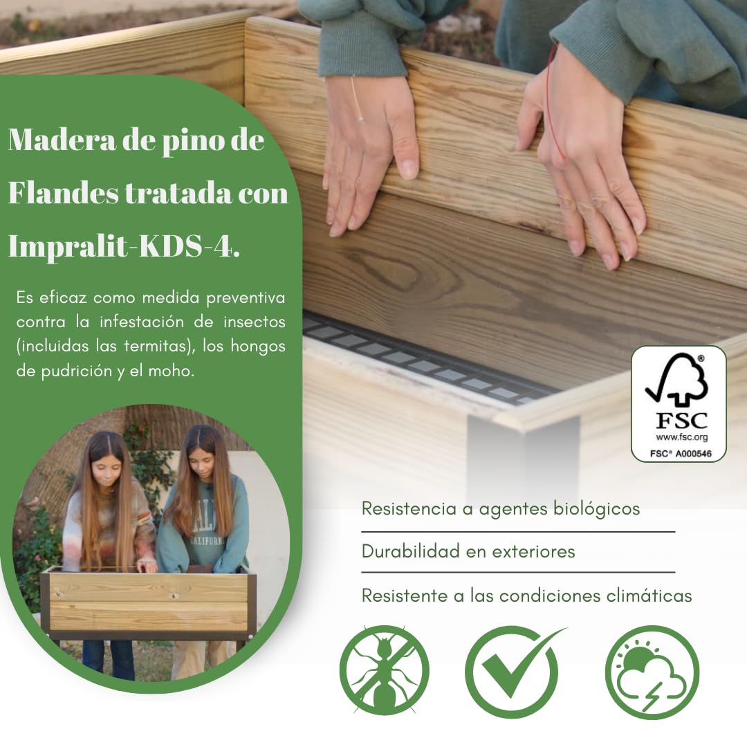 Jardinera Elevada Madera con Bandeja Recoge Aguas | Estructura Metálica | Mesa Cultivar Plantas Terraza Jardín Balcón Exterior | Verde | HUERTO Alto - 90x40x78 cm