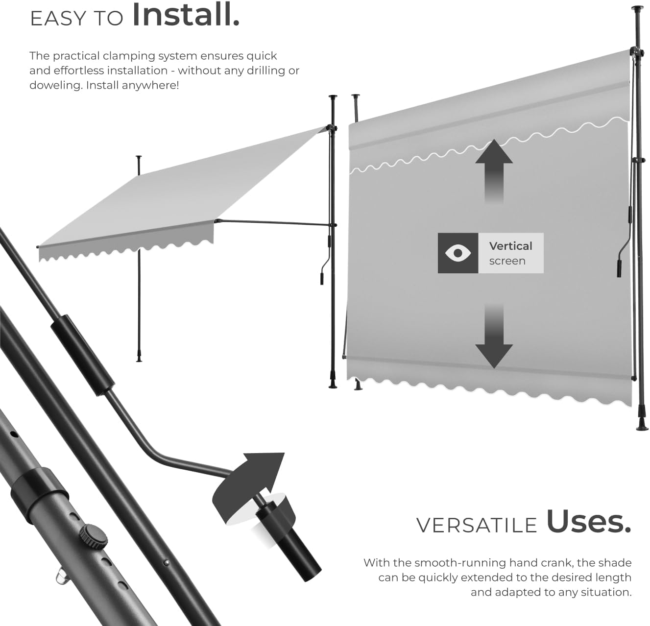 Diagram showing easy installation with clamping system and vertical screen option