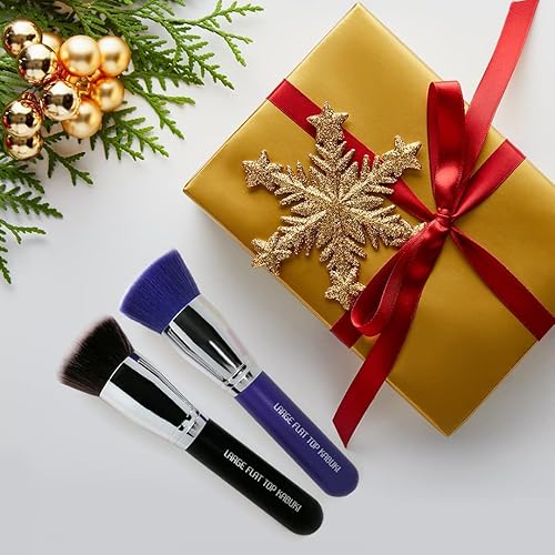 Miniatura 3 de Keshima - Juego de brochas para base Kabuki de parte superior plana grande  Pulido, mezcla y cepillo facial clásico negro y morado neón, brochas de
