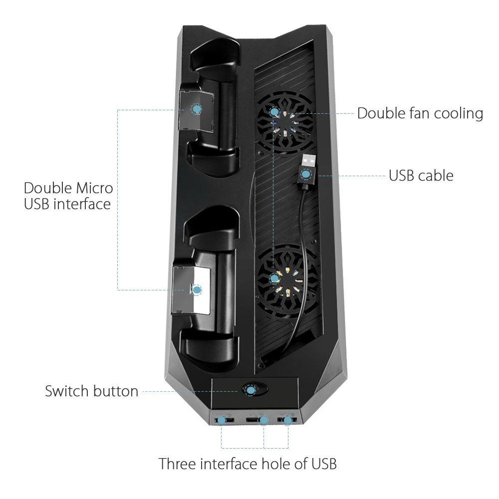 PS4 Vertical Stand Cooling Fan, XUZOU Multi-function Fan Cooling Stand Charger Controller Charging Station with Dual Charger Dual USB HUB Charger Ports for for Sony Playstation 4 Dualshock (Black)