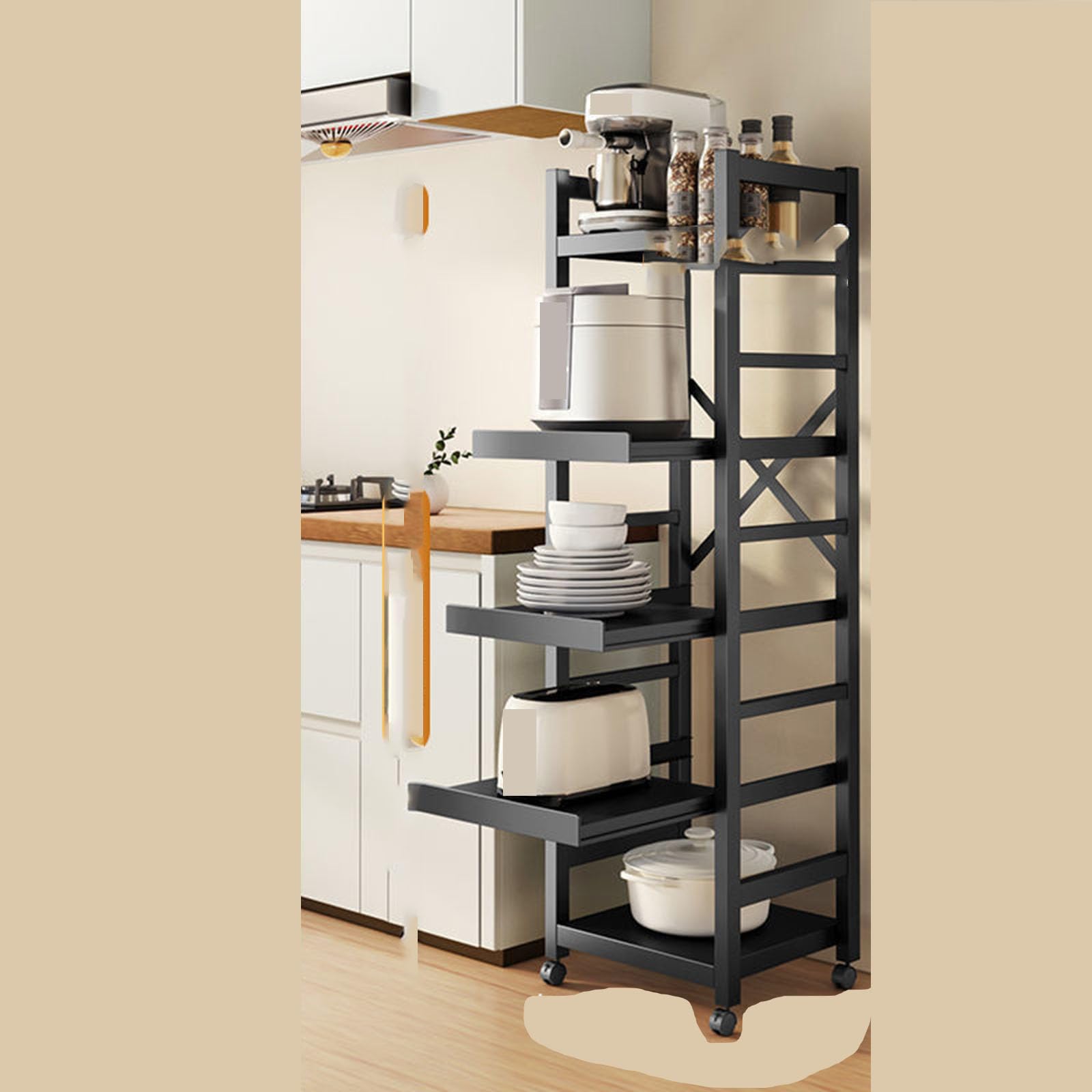 Eiwitany The Kitchen Shelf Is Mobile, Foldable, Multi-functional, and The Three-layer Pull-out Layer Can Store Kitchen Appliances, Daily Necessities, Etc. (black 45CM)