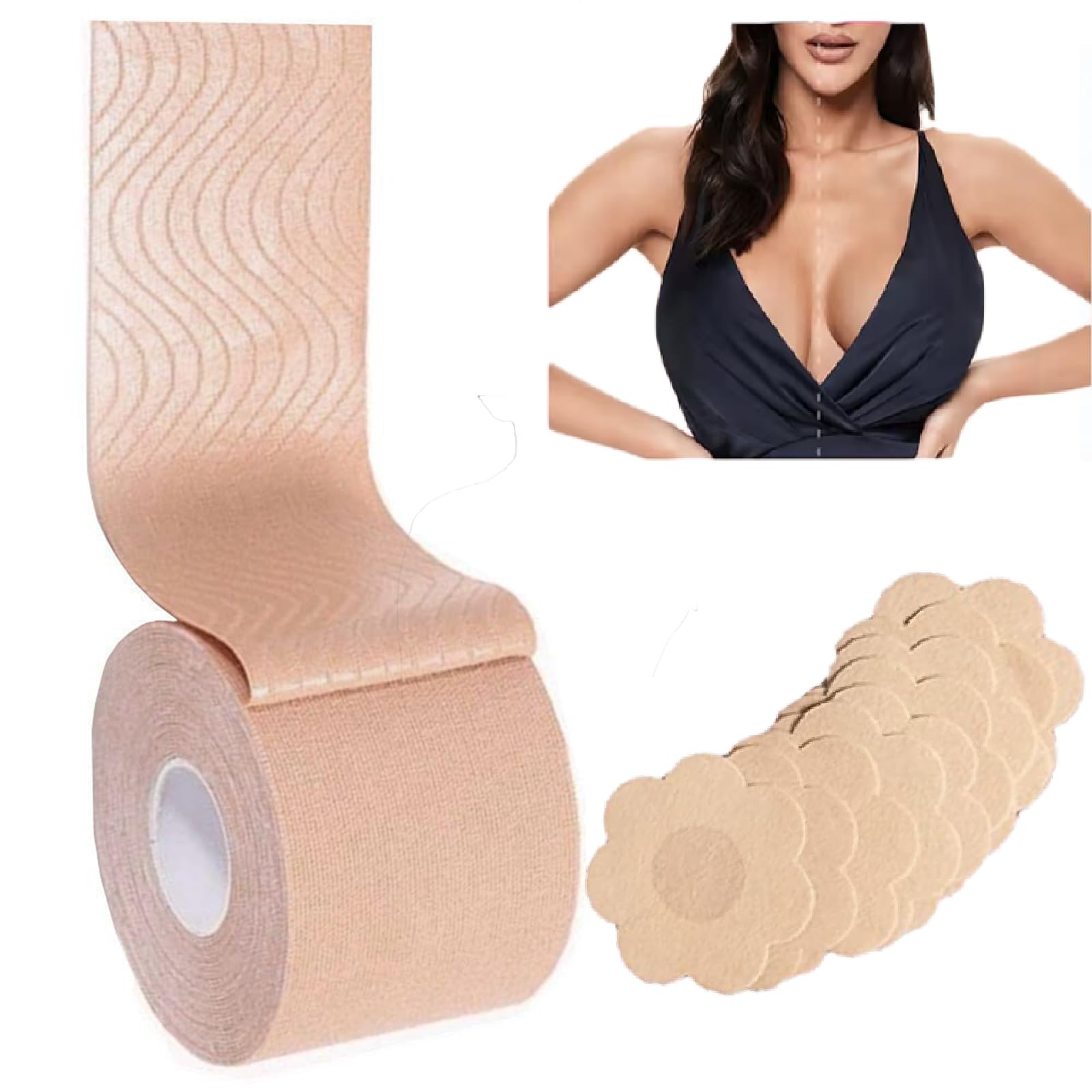 Wieysdoo Women's Beige 5*500Cm Breast Boob Tape Bra Lift Up Invisible Self Adhesive Push-Up Tape Backless Strapless Breast Pasties Beige With Set Of 5 Pairs Nipple Cover