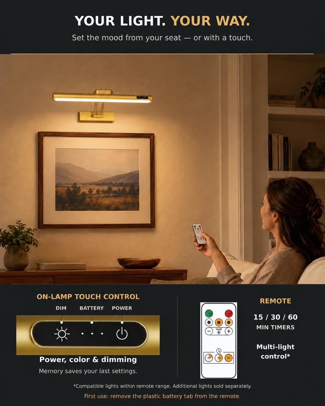 Lampe magnétique sans fil rechargeable à piles avec télécommande/commande tactile/minuteur, angle réglable de 40,6 cm, 3 couleurs à intensité variable, lumière d'art pour affichage, mur, galerie, doré
