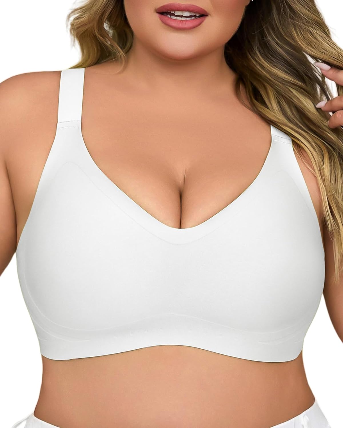 Plus Size Wireless Bras for Women V Neck Seamless Bras Comfort Full Coverage Bras for Women Push Up Soft Cup Everyday Sleep Bra White 1XL
