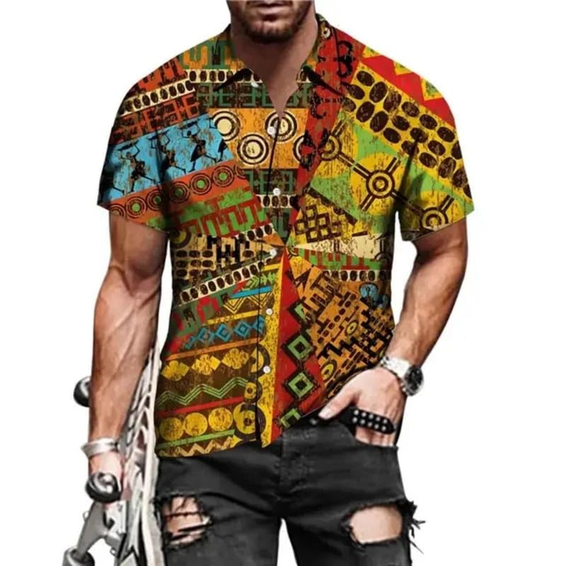 Mapa de África Camisa de los Hombres Retro Estilo Étnico Africano 3D Impreso Manga Corta T Shirt Tops Cómodo Verano Hawaiano Casual Camisas de Playa