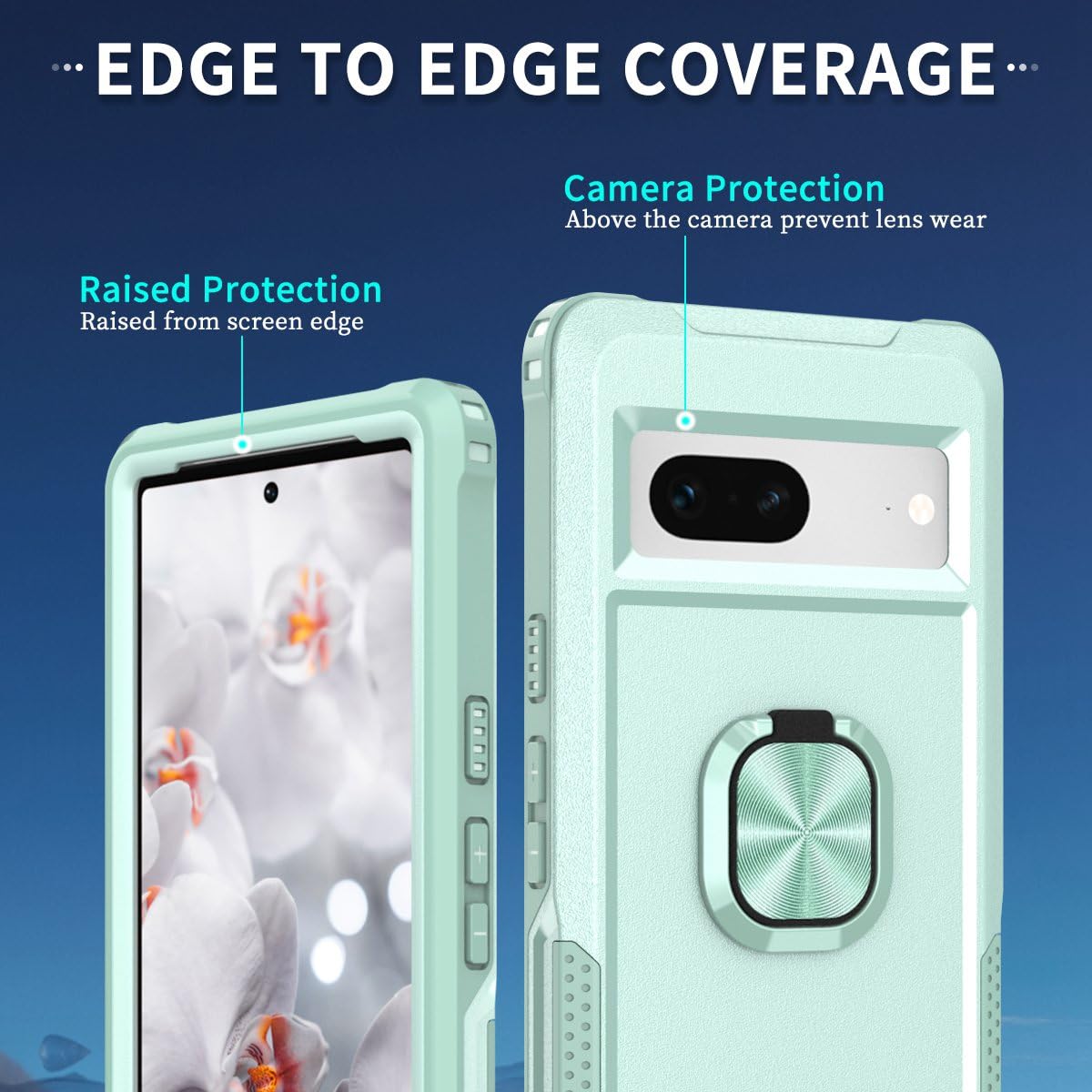 Google Pixel 7 Custodia antiurto Pixel 7 Custodia per telefono con anello di grado militare Protezione completa TPU Bumper Hard PC Cover posteriore integrata con supporto magnetico per auto, verde
