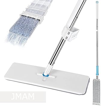 JMAM Flat Microfiber Magic Mop for Floor Cleaning,Squeeze Mop 360 degree for Floor, Slider Squeeze Mop, Stainless-Steel Handle, Bucket Less Mop and Microfiber Refill (White) Extra 1mop pad. (Magic mop, 2)