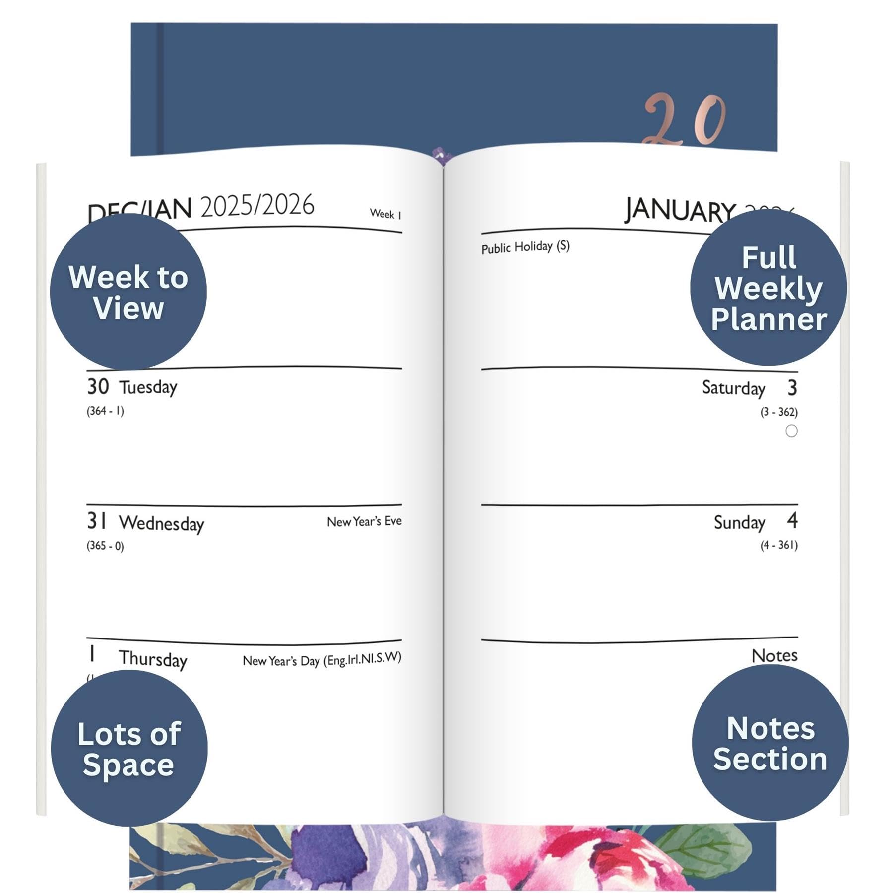 Agenda Semainier 2026 Poche - Motif Floral Bleu Marine - Couverture Rigide - Léger Et Pratique