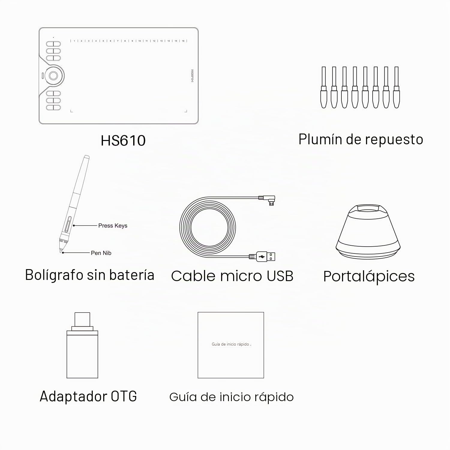 Gráficos Tableta de Dibujo HUION Actualizado HS610 Función de inclinación Lápiz sin batería con 1 Dedo Anillo táctil Conectividad Sistema operativo Android 6.0 Compatible