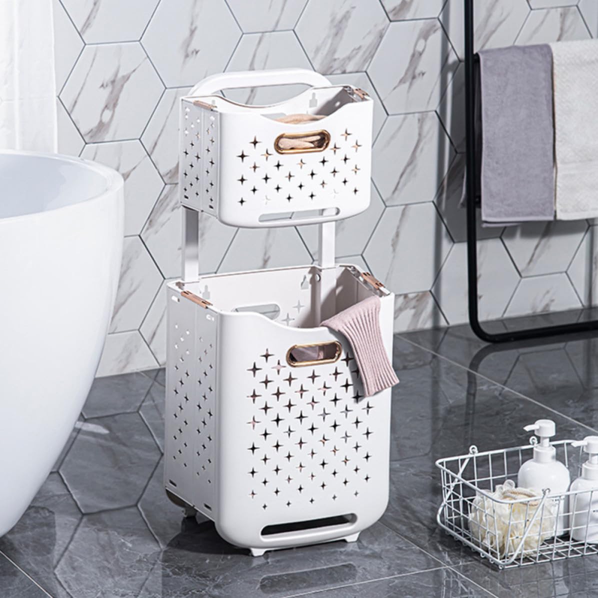 Beaupretty Cesto Portabiancheria e Organizzazione degli Indumenti in Plastica Pieghevole Doppio Strato con Ruote e Freno per Uso Familiare