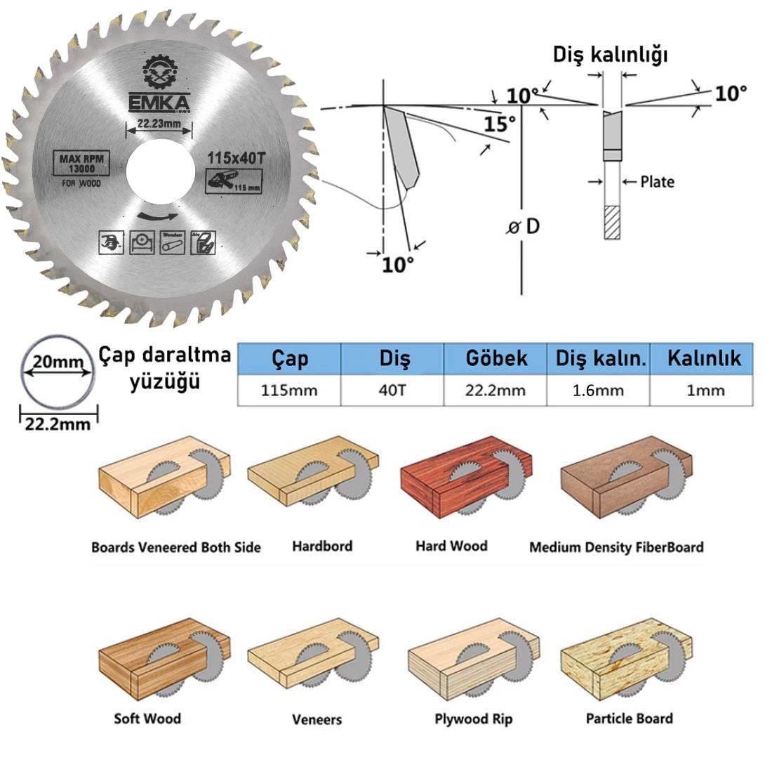 Badem10 2'li Set Emka Daire Testere Bıçağı Ahşap Kesme Testeresi 115 mm 40 Diş + Matkap Aparatı