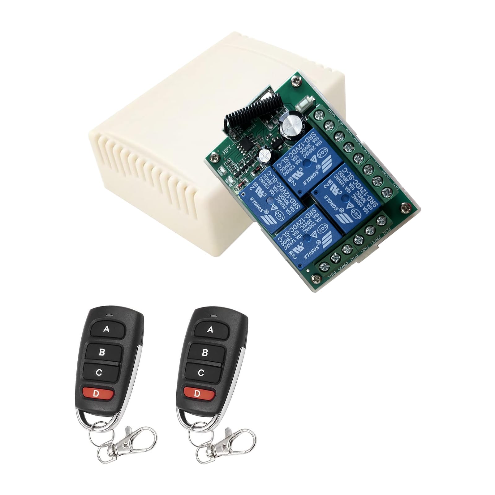 Bkiyougo433MHz 12V 10A 4CH Wireless Remote Control Switch, DC 6-30V 4CH Wireless Remote Control Switch with Transmitter Receiver Kit for Lights, Ceiling Fan, Garage Door Opener, Gate, Car