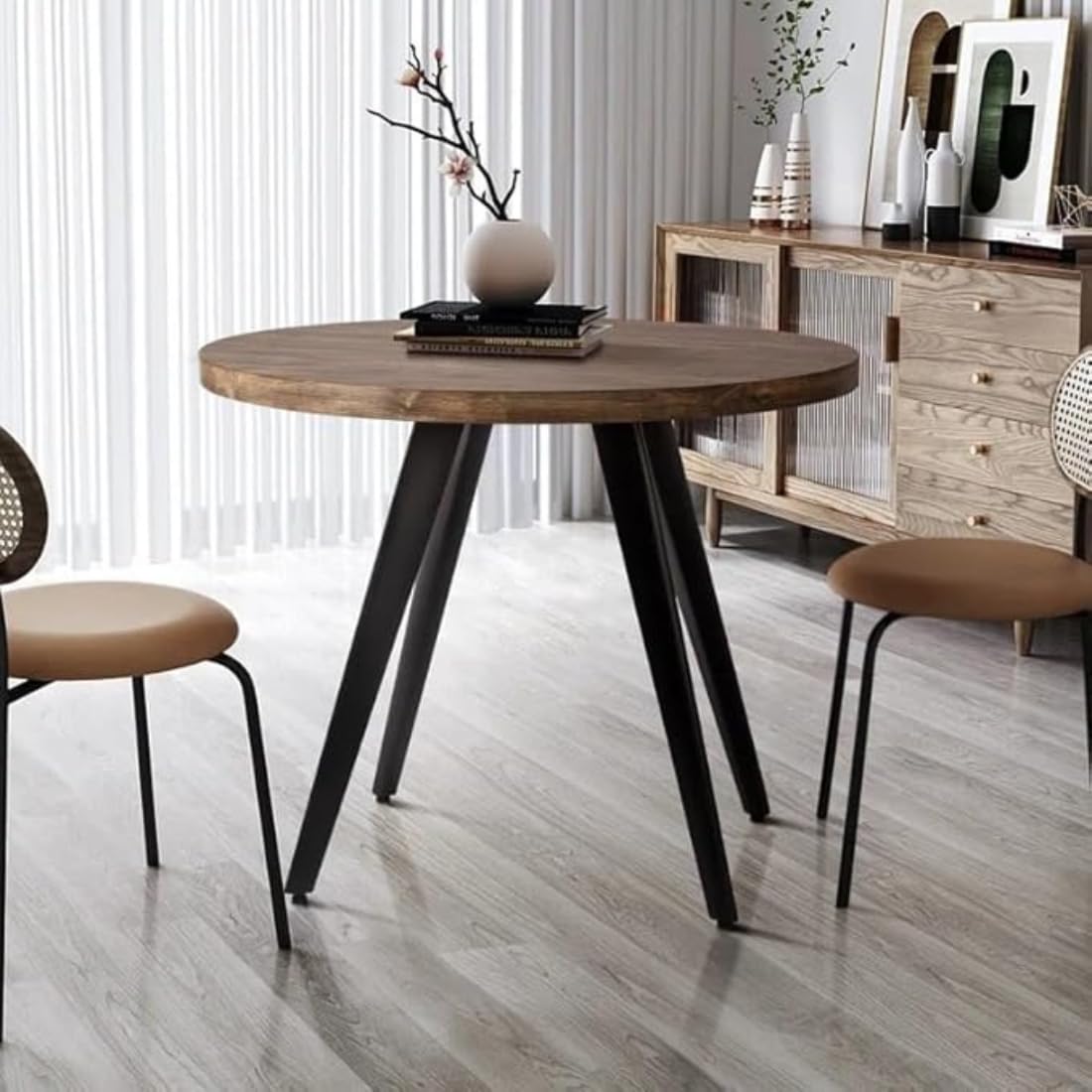 Round 28x28in Dining Table for 4 w/Sturdy Wood Finish Steel Legs, Mid Century Modern, Space-Saving, Small Space Circle Dinette for Home, Kitchen, Apartment (Walnut)-image-15