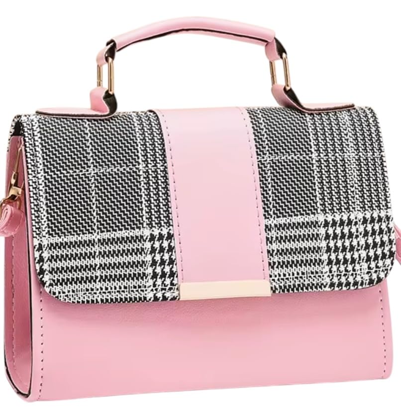 Designer Handbag with Houndstooth Pattern, Faux Leather Trim, Top Handle, Crossbody Strap