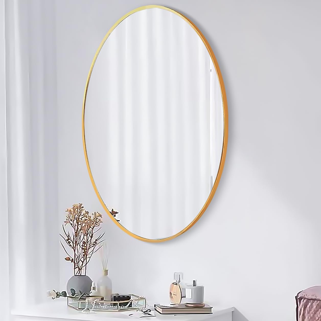 24x36 oval mirror round full length wall mounted hanging or against wall metal frame dressing make-up mirrors for entryway bedroom bathroom living room 36 24 inch gold gold oval(36x24)