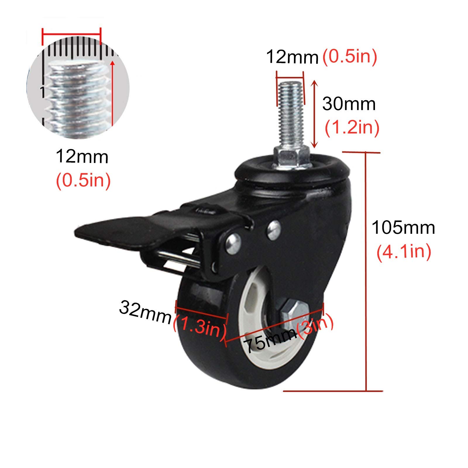 Ruote girevoli per mobili Resistenti, Confezione da 4, Ruote girevoli di Ricambio con Doppi Cuscinetti, Stelo filettato M12 x 30 mm, 75 mm (3 Pollici) con Freno, Misura Universale, poliureta