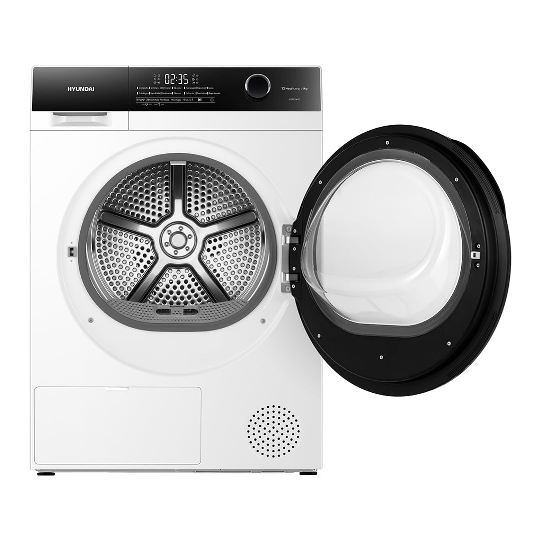 Hyundai Secadora Bomba Calor 9 Kg, Carga Frontal, Blanco, HSB900A2D. 700W, 14 Programas, Función Antiarrugas, Función Antiarrugas, Tambor Waterdrop, Eficiencia Energética Clase A++